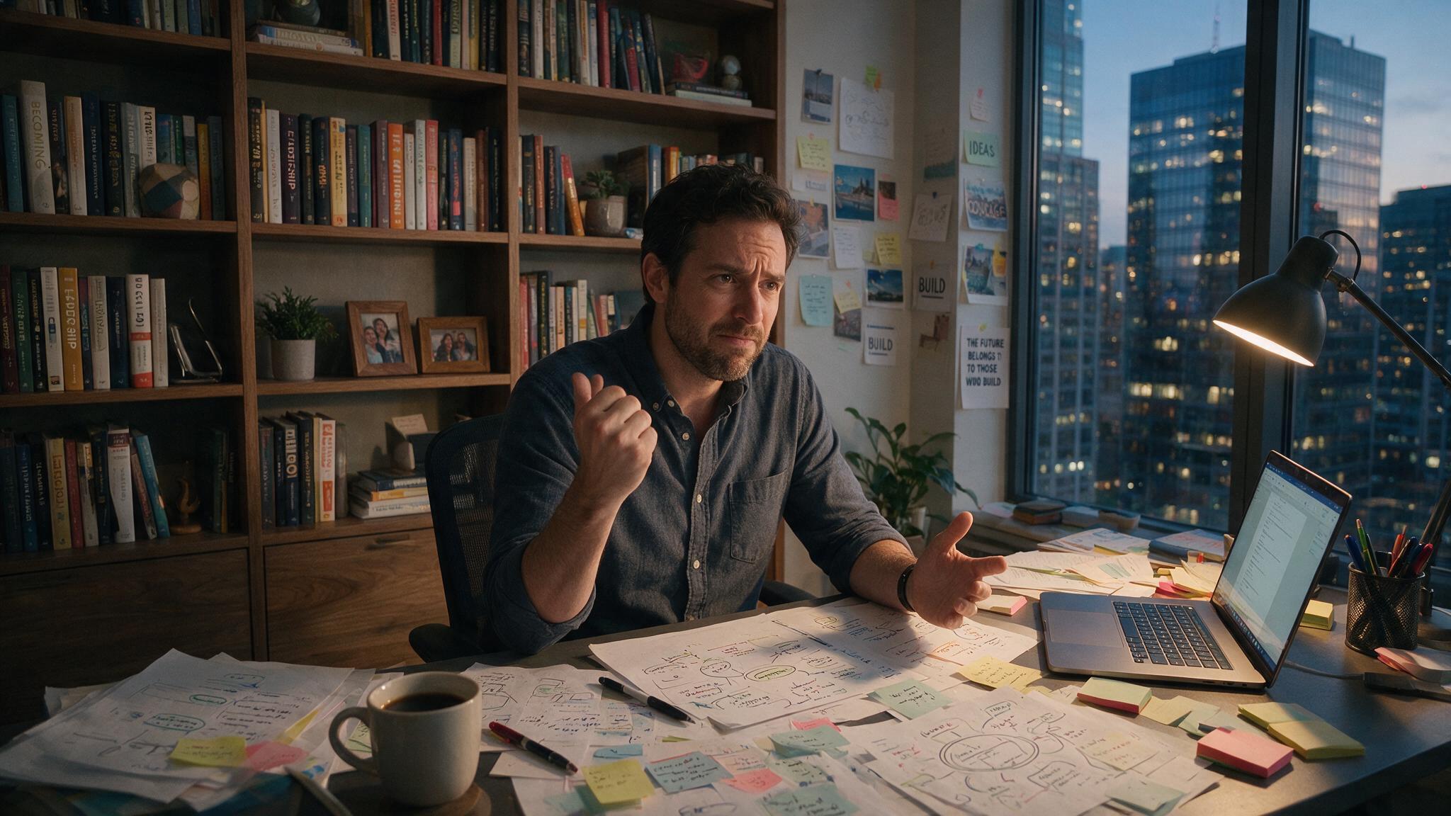 A founder working late at a desk covered in idea sketches, sticky notes, and a laptop